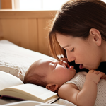 A serene and tender scene of a parent (mother preferred) gently observing their baby in a quiet, softly lit nursery. The parent's expression should convey deep focus and understanding, as if decoding the baby's unique sleep cues (e.g., a tiny yawn, rubbing eyes). Include subtle details like a journal or notebook nearby, hinting at observation and a personalized approach to sleep. The overall atmosphere should be calm and intimate, emphasizing the special connection.