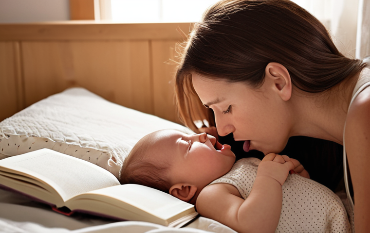 A serene and tender scene of a parent (mother preferred) gently observing their baby in a quiet, softly lit nursery. The parent's expression should convey deep focus and understanding, as if decoding the baby's unique sleep cues (e.g., a tiny yawn, rubbing eyes). Include subtle details like a journal or notebook nearby, hinting at observation and a personalized approach to sleep. The overall atmosphere should be calm and intimate, emphasizing the special connection.