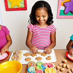 ** A group of diverse children in a brightly colored kitchen, happily decorating animal-shaped cookies with sprinkles and frosting. One child is using a cookie cutter to make a star shape.  Utensils are child-safe and the atmosphere is playful.

**