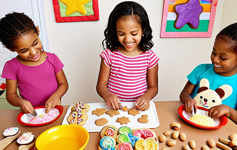 ** A group of diverse children in a brightly colored kitchen, happily decorating animal-shaped cookies with sprinkles and frosting. One child is using a cookie cutter to make a star shape. Utensils are child-safe and the atmosphere is playful.
**