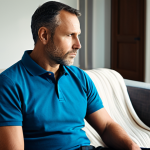 A contemplative modern father in his late 30s, dressed in a modest, professional polo shirt and casual trousers. He is seated comfortably in a modern, well-lit living room, perhaps with a soft blanket draped over an armchair, suggesting a moment of quiet reflection. His natural pose and thoughtful expression convey the authentic challenges and growth of modern fatherhood. The background is subtly out of focus, hinting at a family context without direct interaction. Cinematic lighting, professional photography, high-resolution, perfect anatomy, correct proportions, well-formed hands, proper finger count, natural body proportions. fully clothed, modest clothing, appropriate attire, professional dress, safe for work, appropriate content, family-friendly.