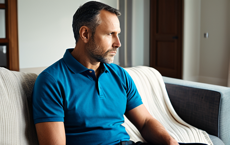 A contemplative modern father in his late 30s, dressed in a modest, professional polo shirt and casual trousers. He is seated comfortably in a modern, well-lit living room, perhaps with a soft blanket draped over an armchair, suggesting a moment of quiet reflection. His natural pose and thoughtful expression convey the authentic challenges and growth of modern fatherhood. The background is subtly out of focus, hinting at a family context without direct interaction. Cinematic lighting, professional photography, high-resolution, perfect anatomy, correct proportions, well-formed hands, proper finger count, natural body proportions. fully clothed, modest clothing, appropriate attire, professional dress, safe for work, appropriate content, family-friendly.