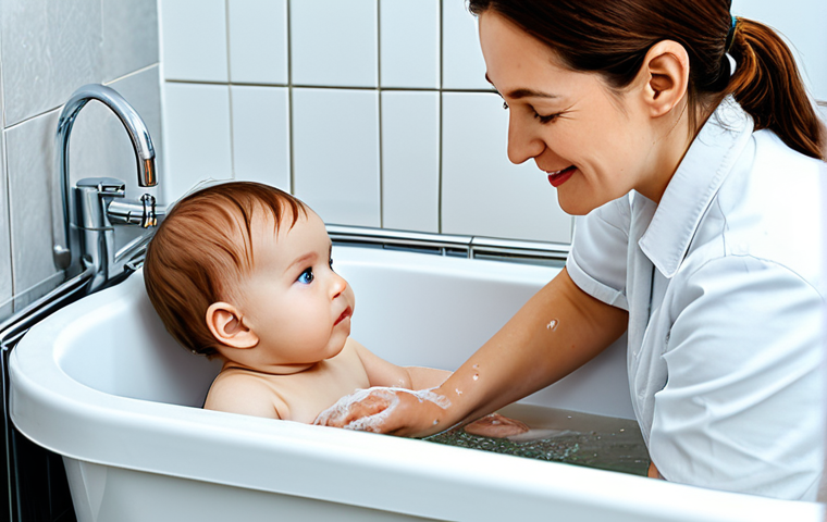 **
"A mother carefully bathing her baby in a small tub, water temperature being checked, using a gentle cleanser, baby is fully clothed, appropriate content, safe for work, modest attire, professional photography, perfect anatomy, well-formed hands, natural proportions, family-friendly, clean and bright bathroom setting."
**