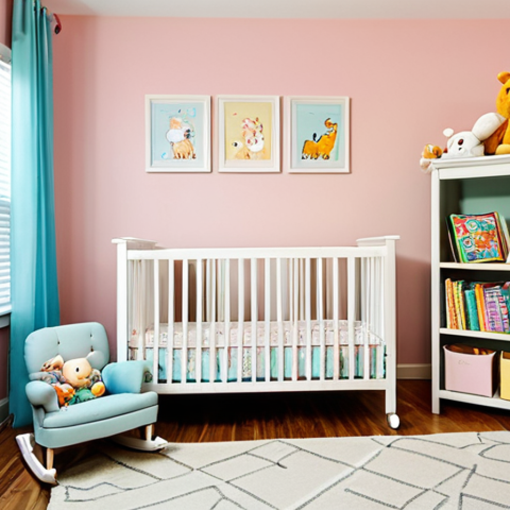 아기 놀이 공간 꾸미기 - **

A baby's room interior. Soft pastel colors on the walls, featuring a wooden crib with a mobile o...