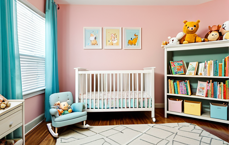 아기 놀이 공간 꾸미기 - **

A baby's room interior. Soft pastel colors on the walls, featuring a wooden crib with a mobile o...
