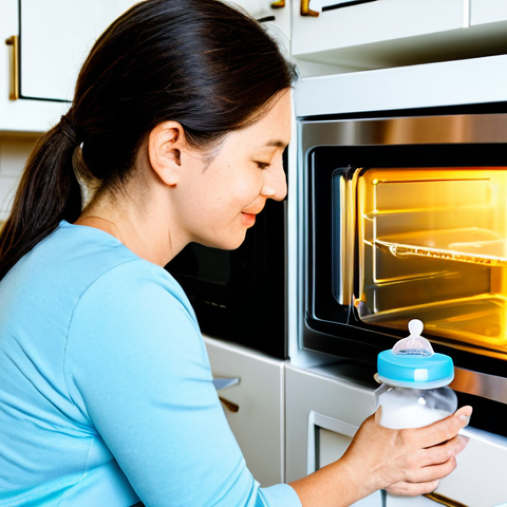 아기 젖병 소독 방법 - **Prompt:** "A mother carefully placing sterilized baby bottles into a microwave steam sterilizer in...