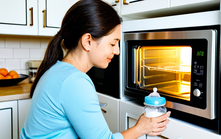 아기 젖병 소독 방법 - **Prompt:** "A mother carefully placing sterilized baby bottles into a microwave steam sterilizer in...