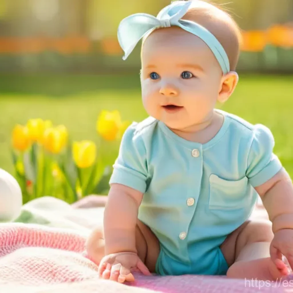 아기와 봄철 꽃놀이 - **Prompt:** A joyful baby, wearing a light blue cotton romper over a diaper, sits comfortably on a l...