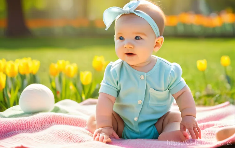 아기와 봄철 꽃놀이 - **Prompt:** A joyful baby, wearing a light blue cotton romper over a diaper, sits comfortably on a l...