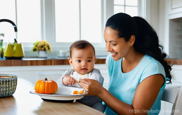 아기 음식 알레르기 증상 - **Prompt:** A heartwarming scene of a Hispanic mother, in her early 30s, gently introducing a spoonf...