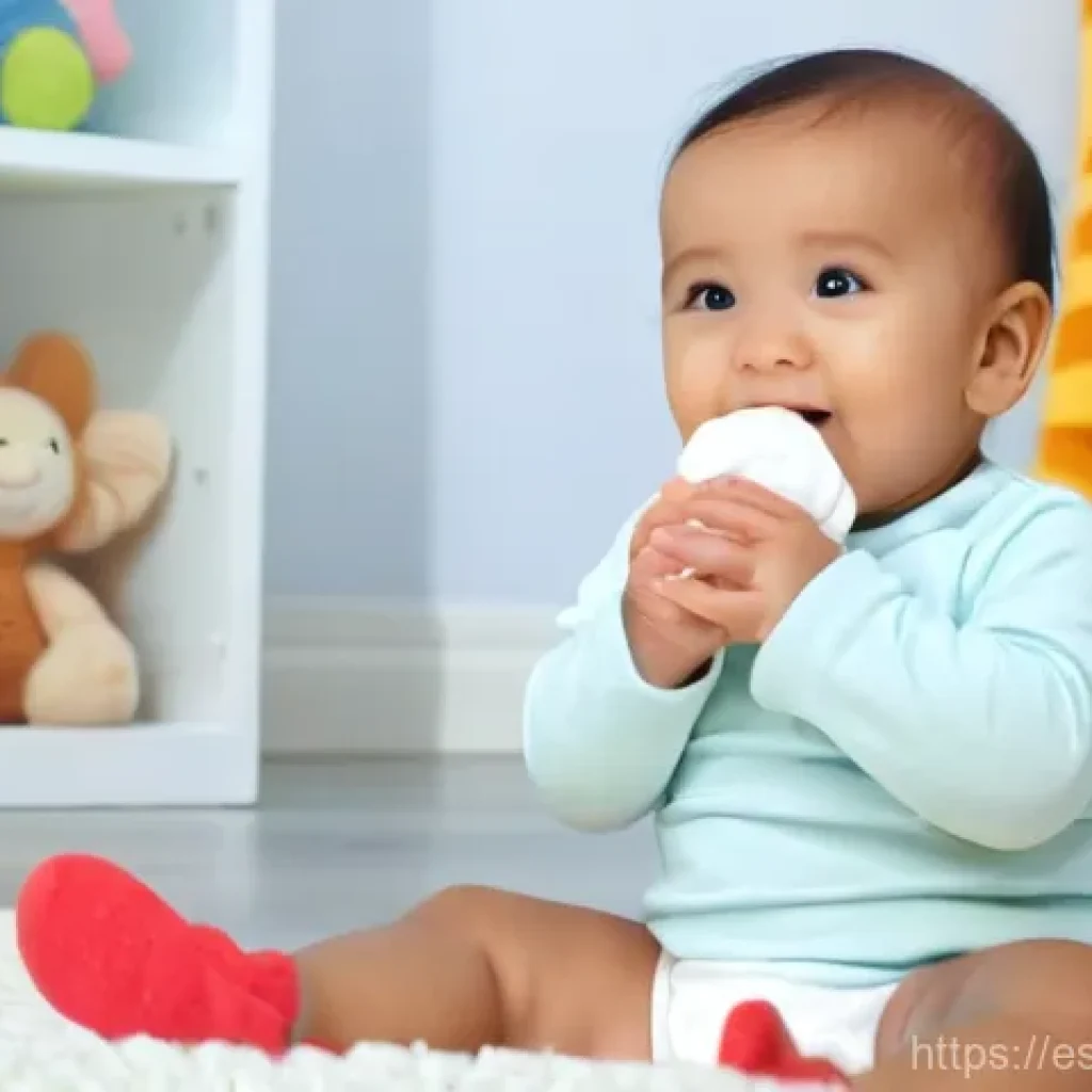 아기 치아발육 장난감 - A joyful and content baby, approximately 6-8 months old, sitting comfortably on a soft, plush blanke...