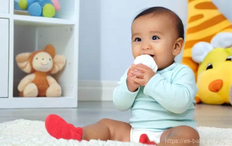 아기 치아발육 장난감 - A joyful and content baby, approximately 6-8 months old, sitting comfortably on a soft, plush blanke...