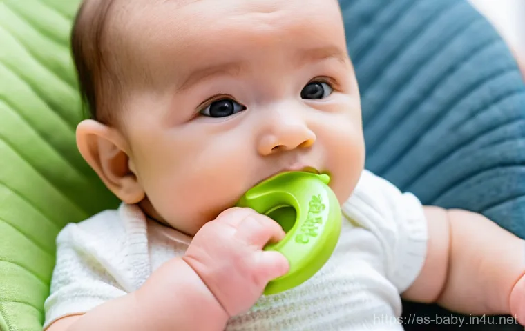 아기 치아발육 장난감 - A joyful and content baby, approximately 6-8 months old, sitting comfortably on a soft, plush blanke...