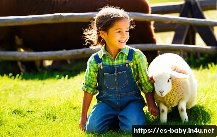 아이와 농장 체험 - **Prompt 1: Joyful Interaction with Farm Animals**
"A sunny, vibrant farm scene featuring two ha...