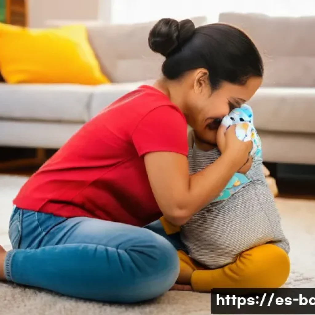 아기와 감정 조절 놀이 - A tender scene of a Hispanic mother gently embracing her toddler son wearing a colorful diaper in a ...
