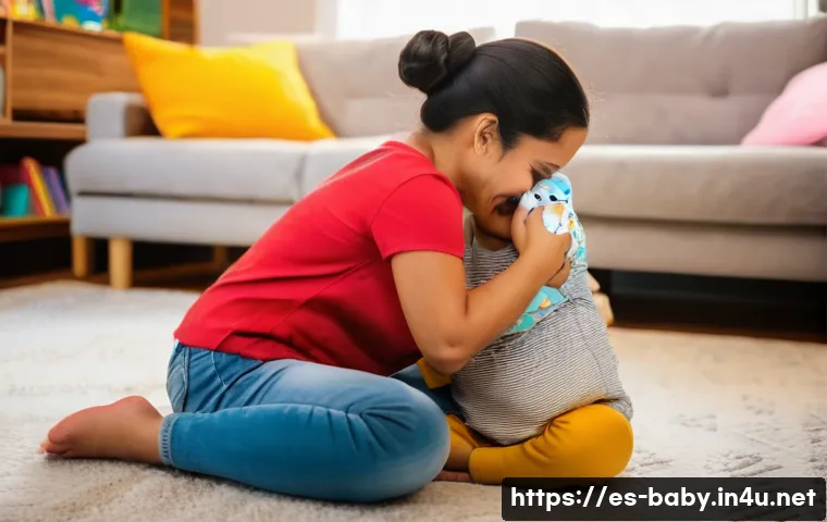 아기와 감정 조절 놀이 - A tender scene of a Hispanic mother gently embracing her toddler son wearing a colorful diaper in a ...