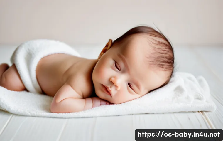 아기 전용 스킨케어 추천 - A peaceful scene of a baby with delicate, sensitive skin wearing a soft diaper, lying on a plush whi...