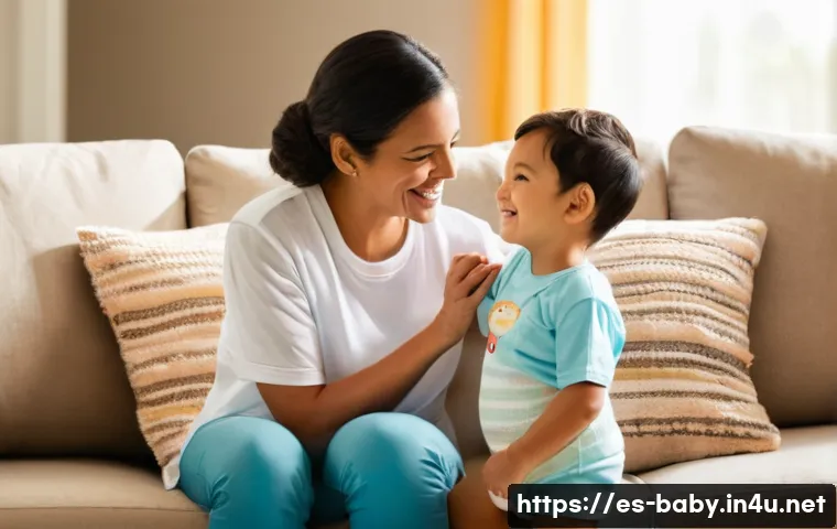 아기와 형제 간 질투 해결 - A warm, cozy family scene in a bright living room featuring a young Hispanic boy around 5 years old ...