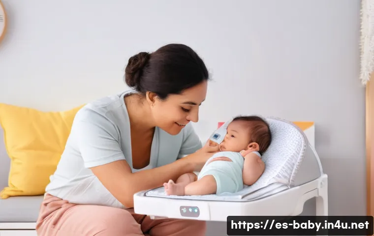 아기와 체온계 사용법 - A cozy nursery scene featuring a Hispanic mother gently measuring the temperature of her infant son ...