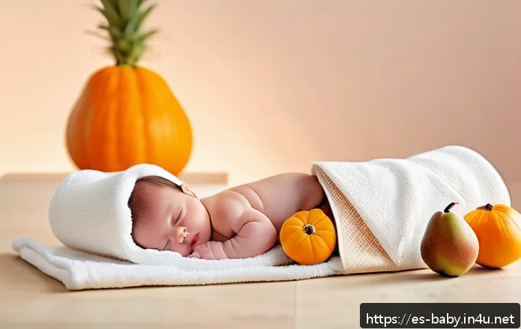 아기 변비 완화 방법 - A cozy nursery scene showing a happy baby wearing a diaper, lying on a soft blanket while a parent g...