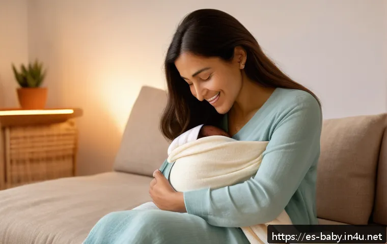 아기와 육아 일상 브이로그 - A tender scene of a Hispanic mother gently holding her baby with skin-to-skin contact in a cozy, sof...