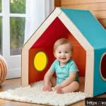 아기 재활용 장난감 만들기 - A cozy indoor scene featuring a toddler wearing a clean diaper, playing happily inside a homemade ca...