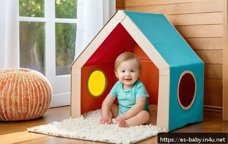 아기 재활용 장난감 만들기 - A cozy indoor scene featuring a toddler wearing a clean diaper, playing happily inside a homemade ca...