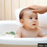 아기 샴푸 선택법 - A tender scene of a baby with sensitive skin taking a gentle bath in a softly lit bathroom designed ...