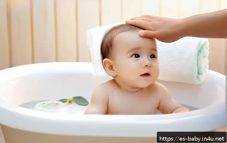 아기 샴푸 선택법 - A tender scene of a baby with sensitive skin taking a gentle bath in a softly lit bathroom designed ...