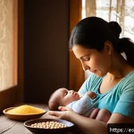 수유 중 먹으면 안 되는 음식 - A nurturing mother breastfeeding her infant in a softly lit Spanish-style nursery, surrounded by fre...