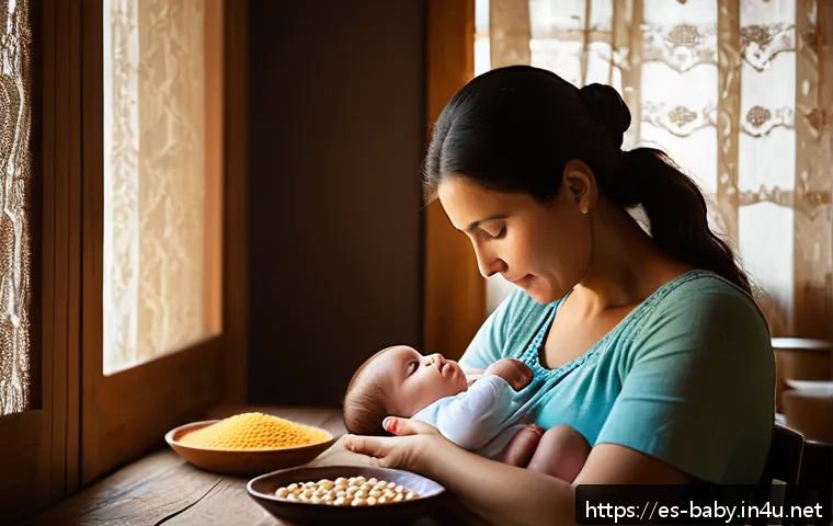 수유 중 먹으면 안 되는 음식 - A nurturing mother breastfeeding her infant in a softly lit Spanish-style nursery, surrounded by fre...