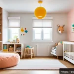 아기와 놀이방 꾸미기 - A cozy and safe sensory playroom for a baby wearing a diaper, featuring soft, natural textiles such ...