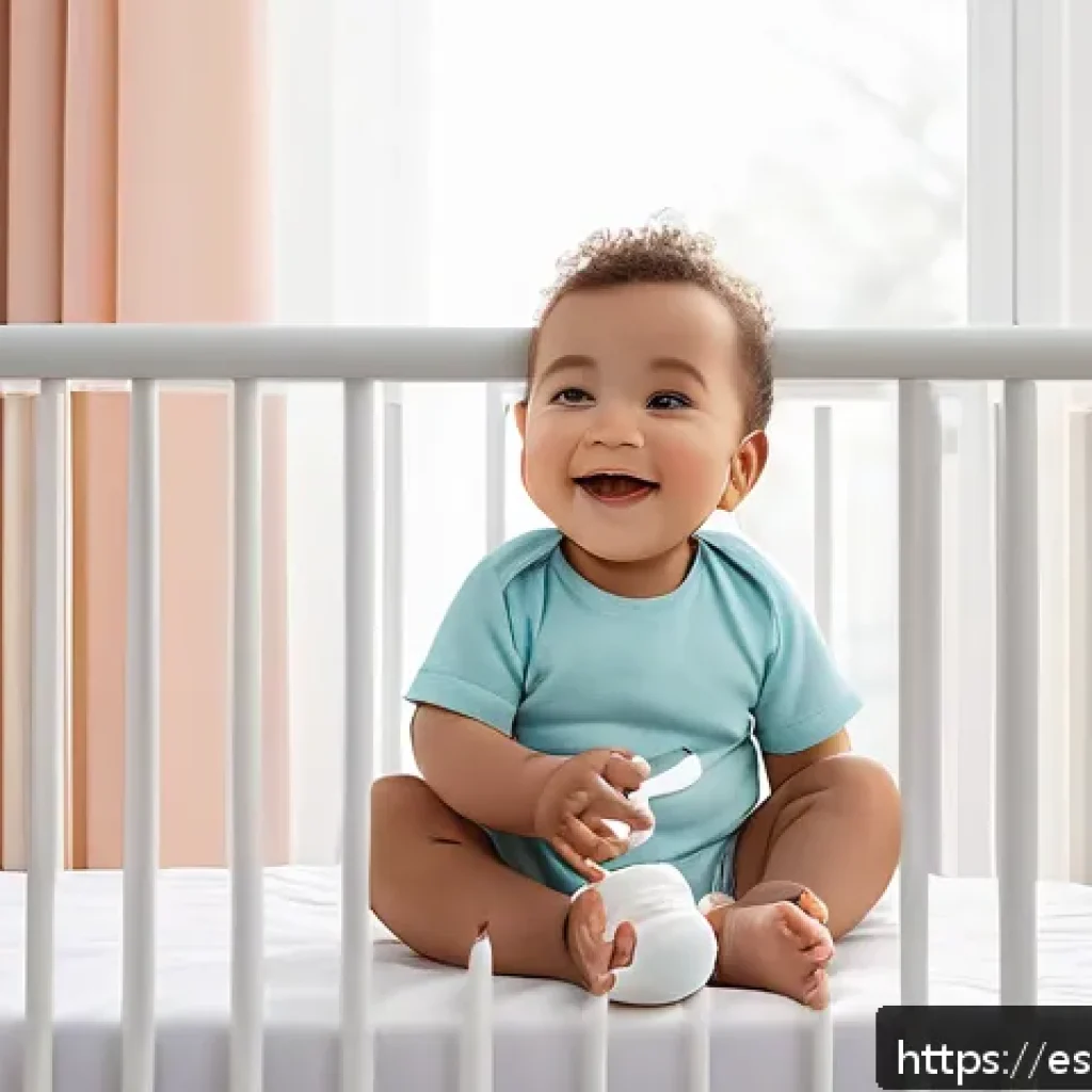 아기와 육아 어플 추천 - A cozy, softly lit nursery scene featuring a smiling baby wearing a clean diaper, sleeping peacefull...
