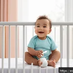 아기와 육아 어플 추천 - A cozy, softly lit nursery scene featuring a smiling baby wearing a clean diaper, sleeping peacefull...