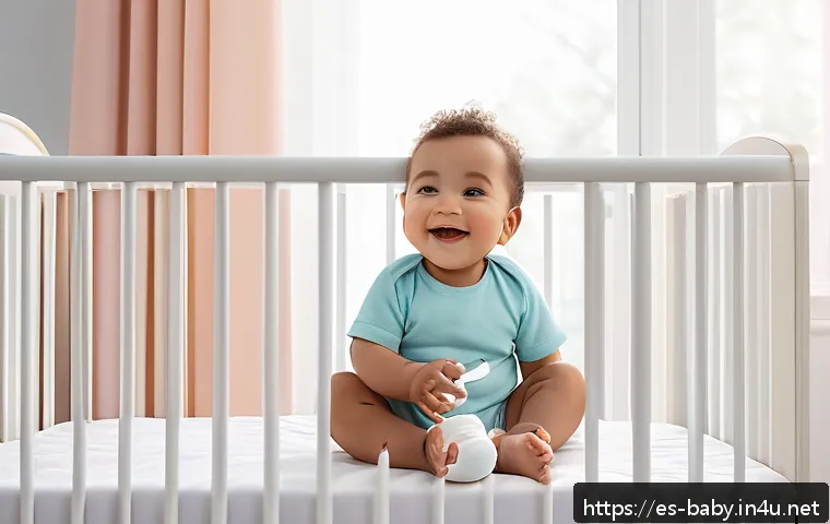 아기와 육아 어플 추천 - A cozy, softly lit nursery scene featuring a smiling baby wearing a clean diaper, sleeping peacefull...