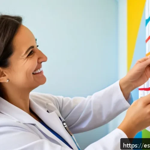 아기 성장 그래프 이해하기 - A warm and cozy pediatric clinic scene in a bright, modern room in Spain, showing a smiling mother h...