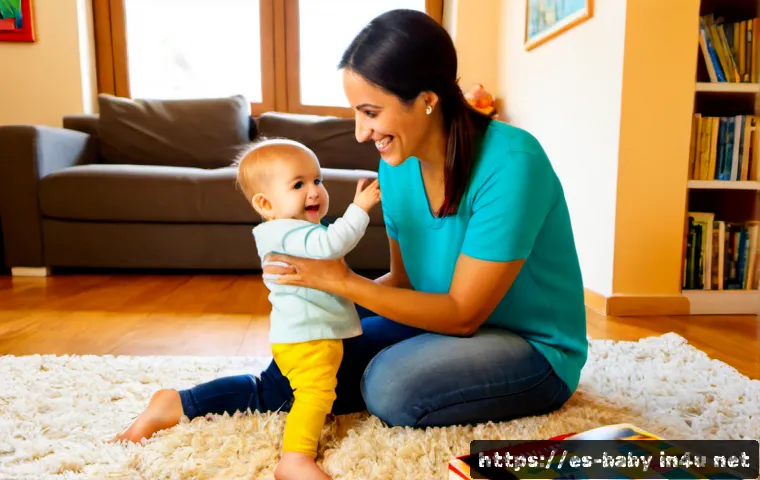 아기 언어발달 놀이법 - Photorealistic warm family living room in a Spanish-speaking home, a smiling mother seated on a soft...