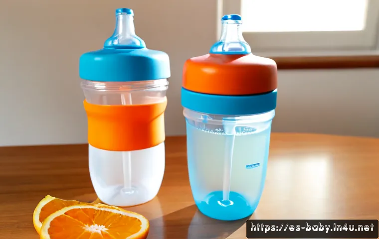 아기 전용 물병 추천 - Photorealistic product comparison scene of three different baby water bottles arranged neatly on a l...