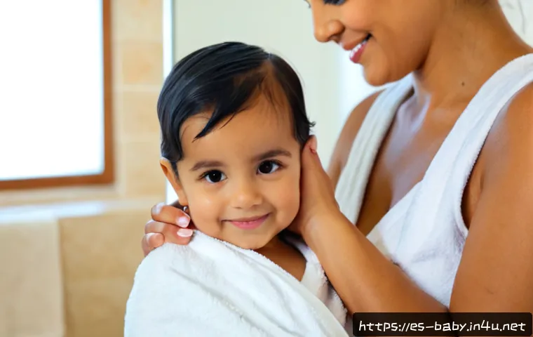 아기 두피 관리법 - Photorealistic close-up of a smiling Hispanic mother gently massaging her baby’s scalp with clean fi...