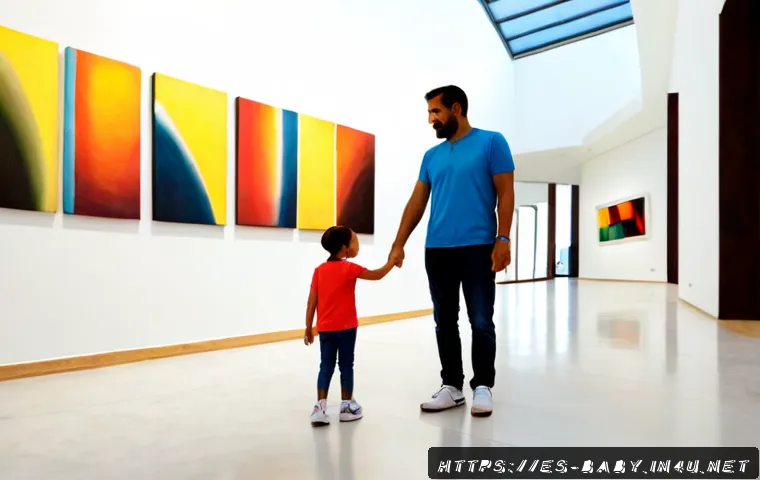 Home 17 아이와 미술관 나들이 - Photorealistic warm family outing in a contemporary Spanish art museum, a parent and young child hol...